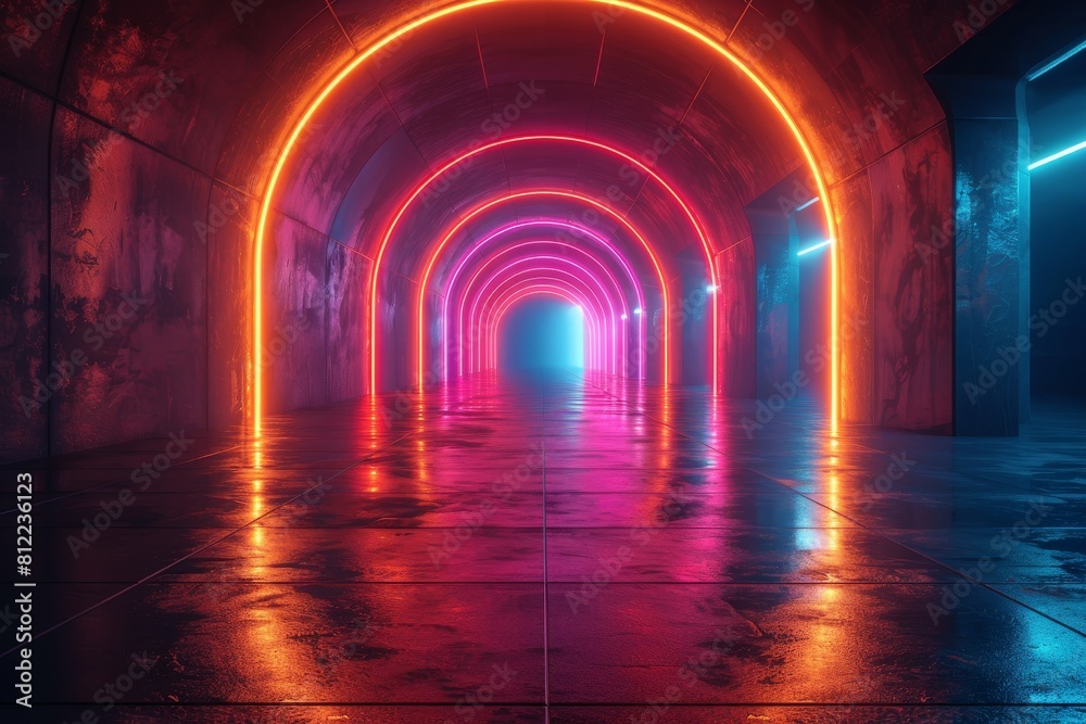 A tunnel with reflective flooring illuminated by vibrant neon lights in red and blue tones, suggesting an ultra-modern vibe A tunnel with reflective flooring illuminated by vibrant neon lights in red and blue tones, suggesting an ultra-modern vibe