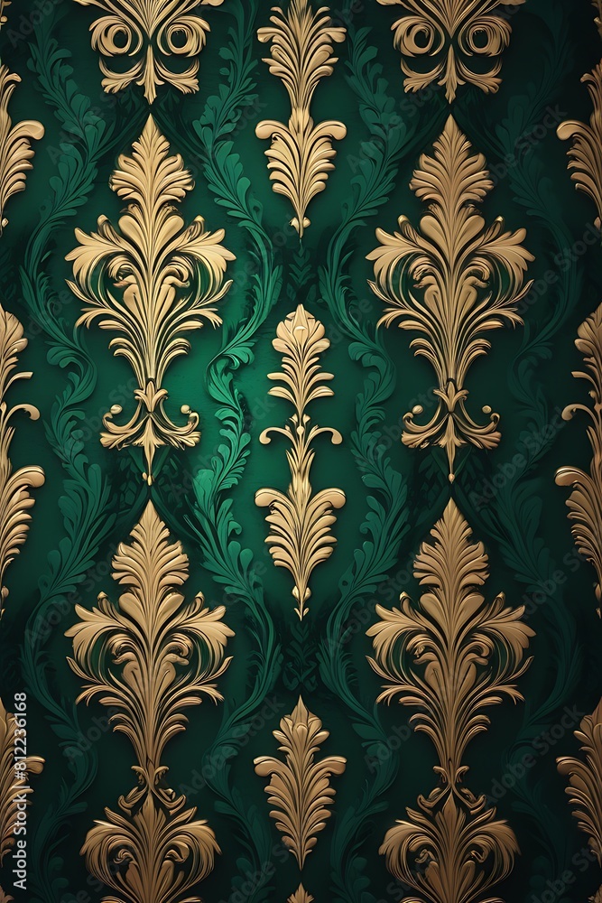 A luxurious vertical background with a duotone effect of deep emerald green and gold, featuring a subtle damask pattern A luxurious vertical background with a duotone effect of deep emerald green and gold, featuring a subtle damask pattern