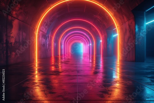 A tunnel with reflective flooring illuminated by vibrant neon lights in red and blue tones  suggesting an ultra-modern vibe