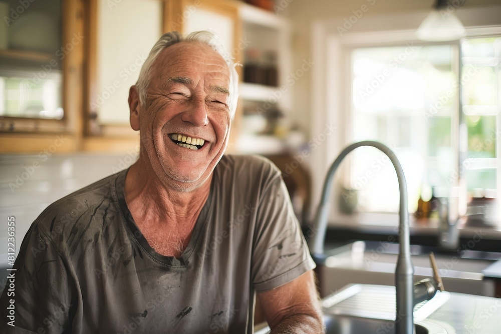 An older man in casual attire is seated in a well-lit kitchen with his face blurred for privacy An older man in casual attire is seated in a well-lit kitchen with his face blurred for privacy