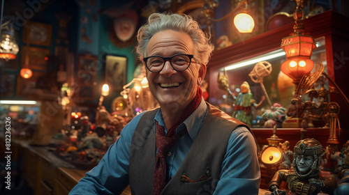 A positive portrait of a stylish toy salesman in his shop.