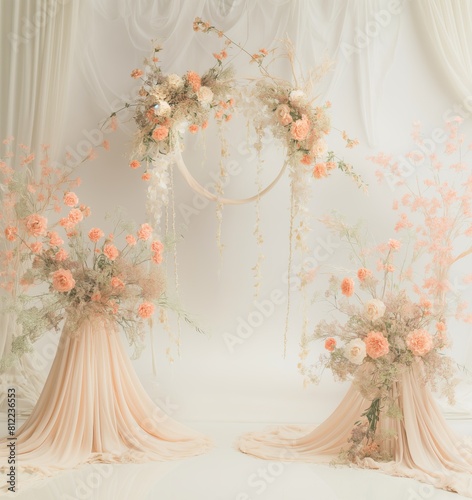 Elegant Floral Halo Ring Backdrop with Real Flowers - Light Beige Cinematic Setting