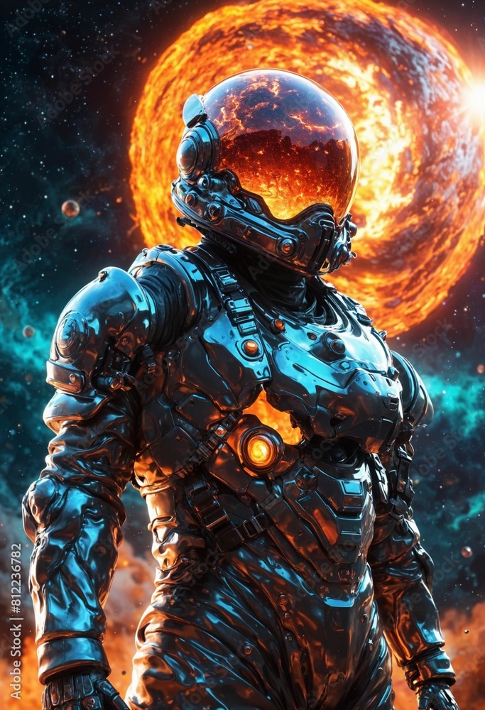 An alien astronaut wearing a fiery helmet in a futuristic world.. An alien astronaut wearing a fiery helmet in a futuristic world..
