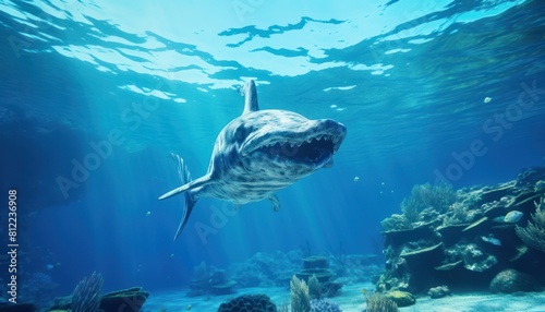 The great White Shark in the ocean  portrait of White shark hunting prey in the underwater