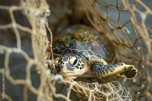Baby turtle entangled in a fishing net