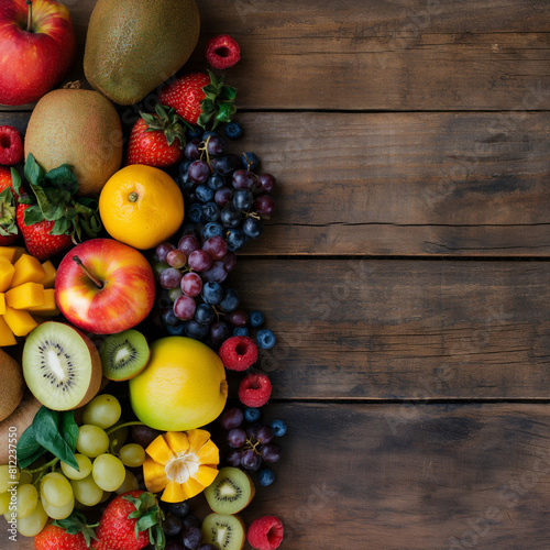 Assortment of Fresh Mixed Fruits Displayed on a Rustic Wooden Table. A Colorful and Natural Array Ideal for Healthy Eating and Culinary Presentation