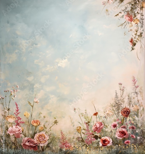 Romantic Vintage Floral Tapestry Backdrop with Pastel Colors and Wildflowers for Timeless Photography