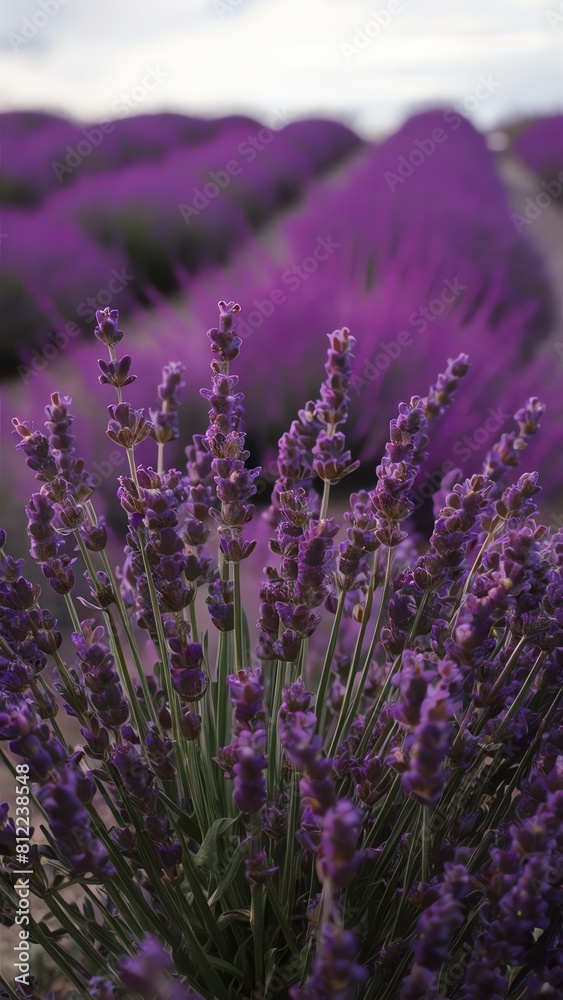 Obraz premium Lavender Fields in Bloom - close-up, essence of spring under cloudy sky