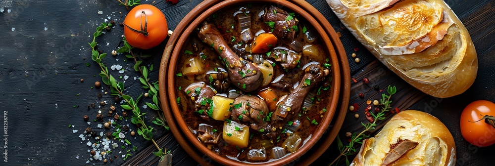 Coq au vin with baguette, fresh food banner, top view with copy space