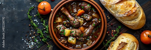 Coq au vin with baguette  fresh food banner  top view with copy space