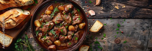 Coq au vin with baguette, top view horizontal food banner with copy space