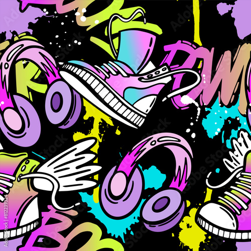 Cool seamless pattern with cool monsters  graffiti on black background. Print for teen girl