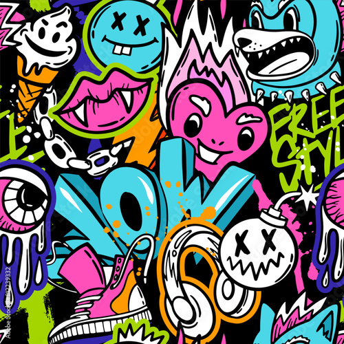 Cool seamless pattern with cool monsters, graffiti on black background. Print for teen girl