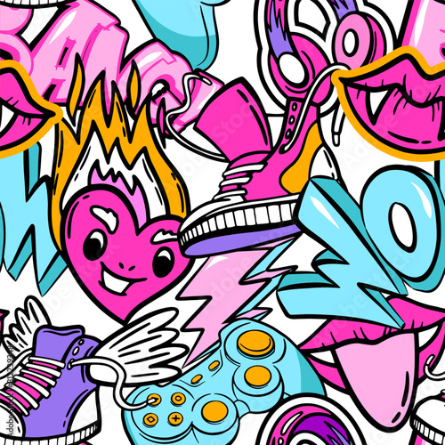 Cool seamless pattern with cool monsters, graffiti on white background. Print for teen girl