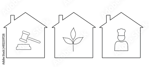 a set of icons for houses, justice, plant nursery, flower shop, delicious food, cafe, contour symbols of the house, flat illustration, logo