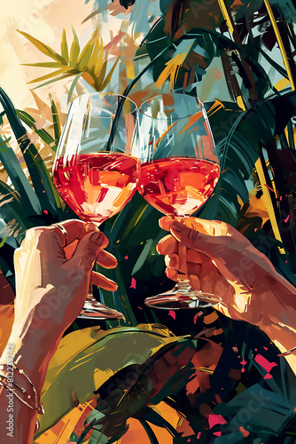 Two hands holding flutes of rose champagne against tropical leaves in a vintage style.