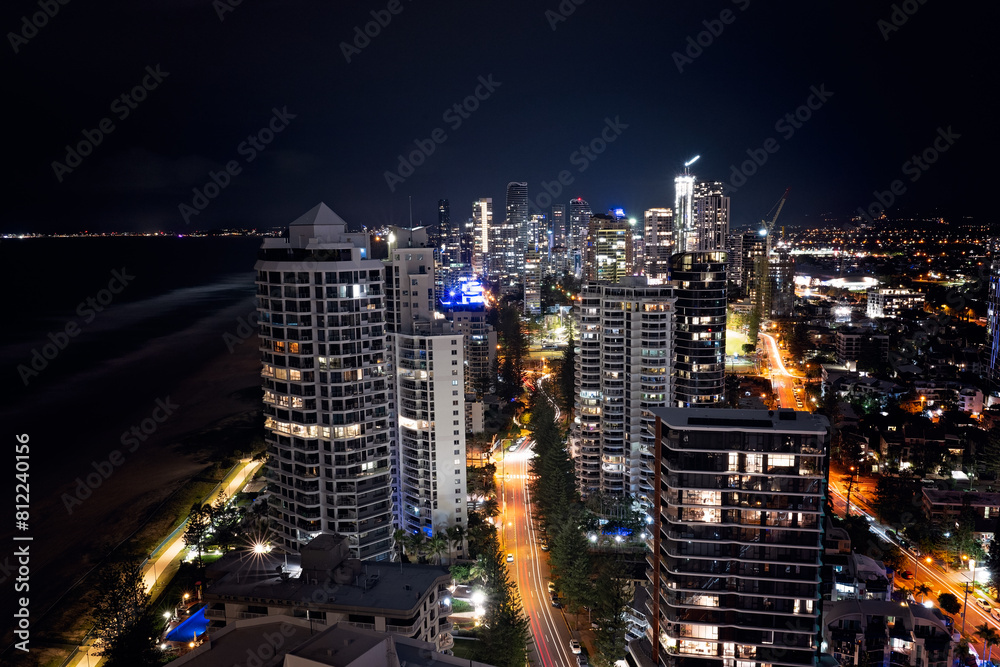 Fototapeta premium night cityscape, Gold Coast Queensland Australia, beach ocean lights, travel destination holiday vacation tourism
