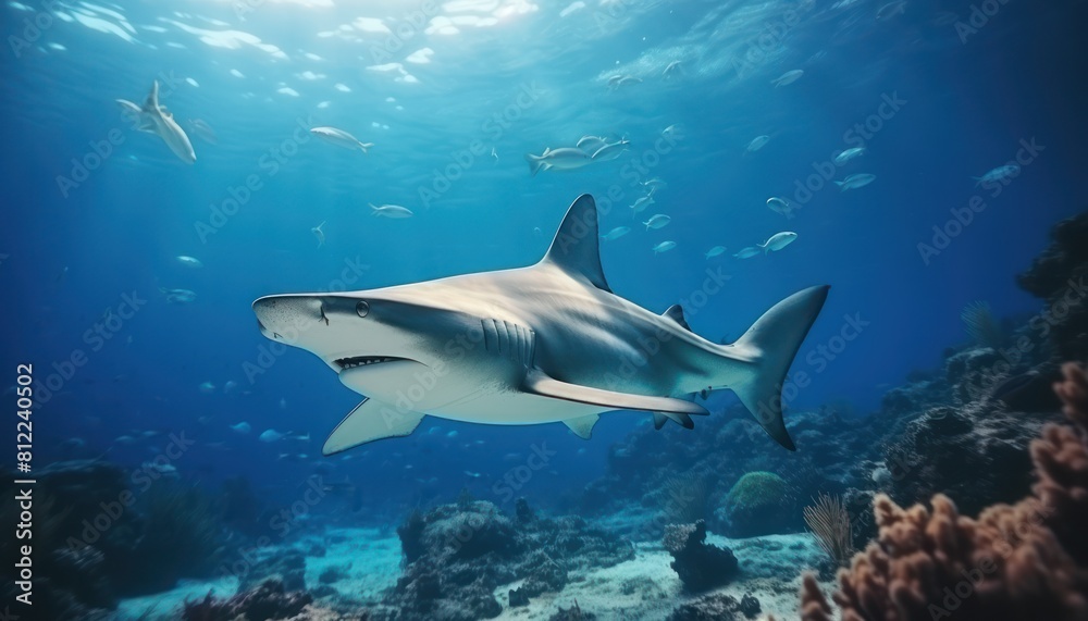The great White Shark in the ocean, portrait of White shark hunting prey in the underwater