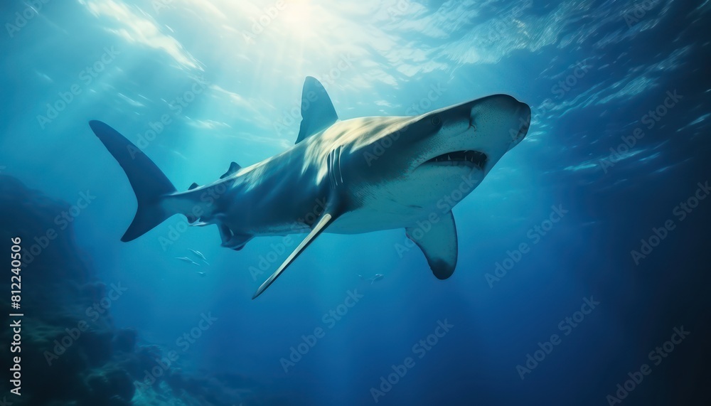 Fototapeta premium The great White Shark in the ocean, portrait of White shark hunting prey in the underwater