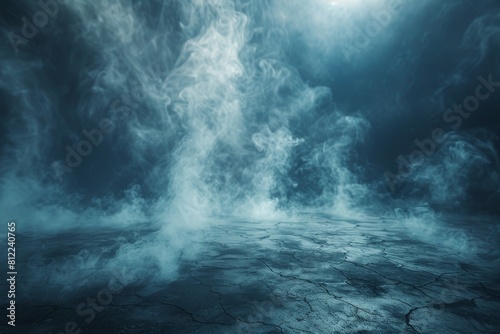 This atmospheric image features ethereal blue smoke swirling over a cracked dark surface  invoking a sense of mystery