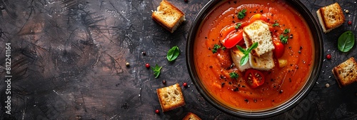 Creamy tomato soup with grilled cheese croutons, top view horizontal food banner with copy space