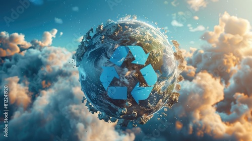 A 3D rendering of our planet adorned with the universal recycling symbol symbolizes global commitment to recycling © AkuAku