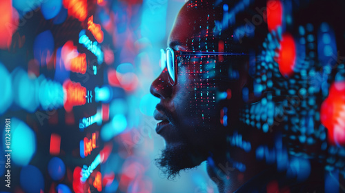 artificial intelligence cyber security threat illustration concept AI banner. Black african american male IT specialist analysing data information technology privacy leaks AR artificial intelligence photo