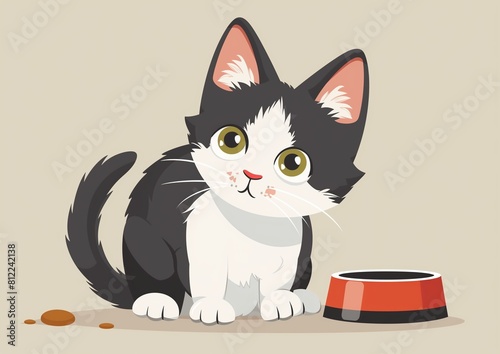 Adorable Tuxedo Kitten with Food Bowl on Beige Background Illustration