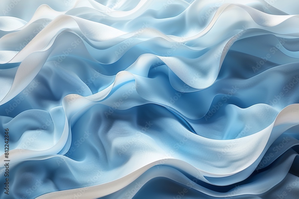 Detailed image focusing on the wavy surface of a luxurious blue satin cloth