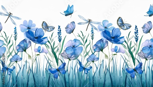 floral seamless horizontal border with abstract blue flowers plants grasses and flying butterflies and dragonfly watercolor pattern on a white background summer meadow panoramic illustration photo