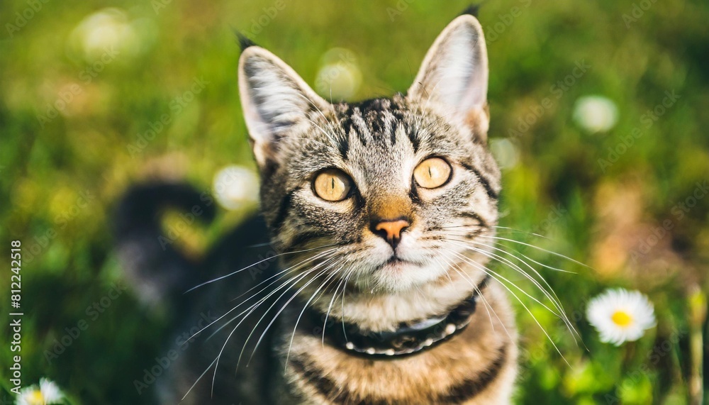 cat with collar is looking up at camera