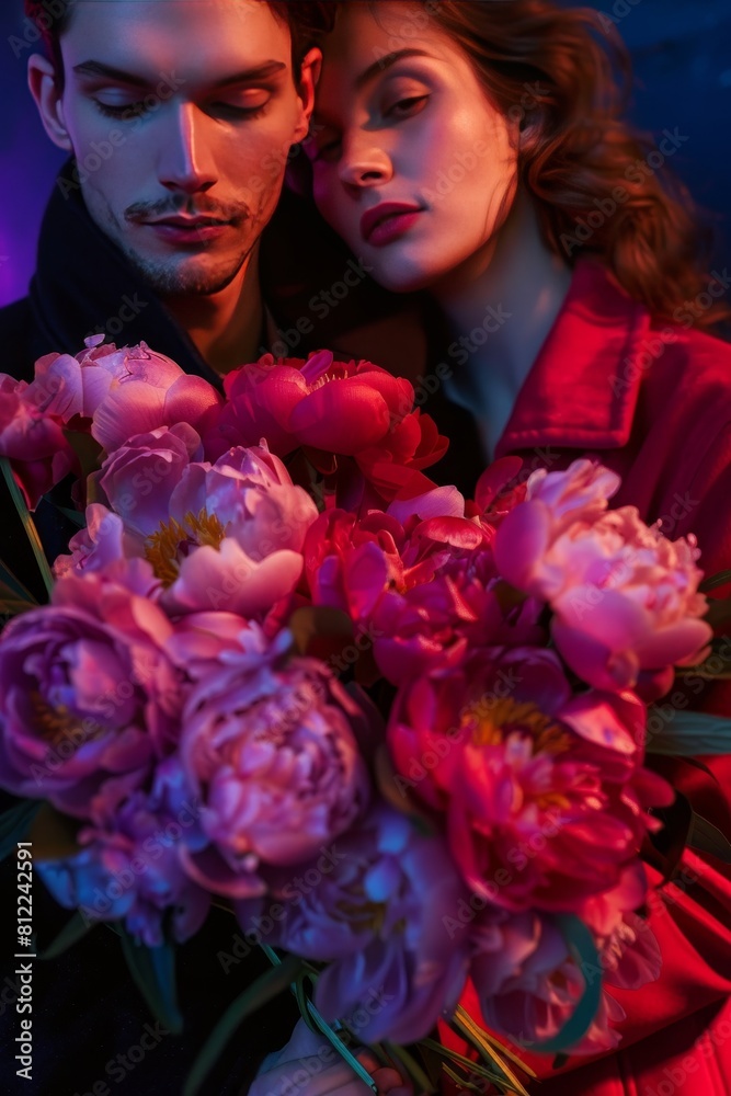 Romantic couple in red and black attire with pink peony flowers on violet background Romantic couple in red and black attire with pink peony flowers on violet background