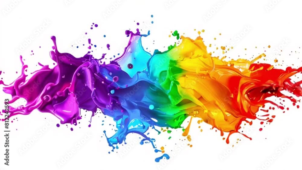 Explosion of multicolored paint splashes. Dynamic rainbow colored liquid motion against white background. Slow motion