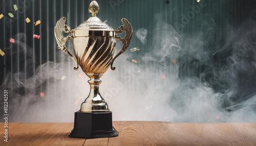 1st champion award the best prize and winner concept championship cup or winner trophy on wood table on dark wall and white smoke confetti background generative ai