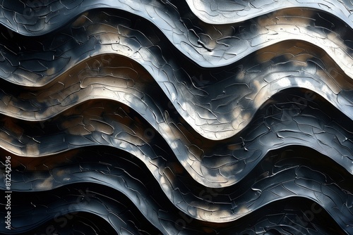 Close-up of an abstract wavy metal texture pattern with a futuristic and artistic design