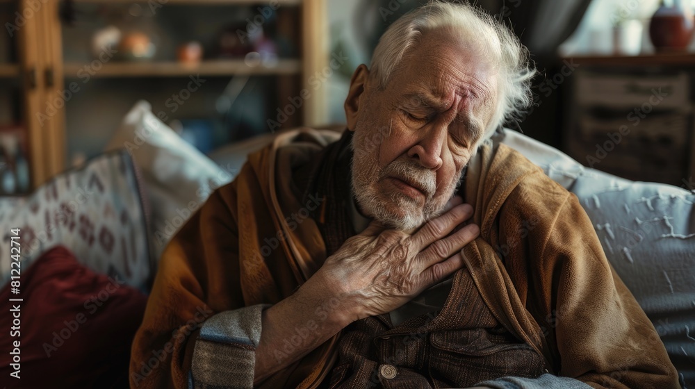 An elderly Caucasian man who is unwell and alone is seated on the sofa at home He clutches his chest in distress as he grapples with a sudden and severe heart condition urgently needing medi An elderly Caucasian man who is unwell and alone is seated on the sofa at home He clutches his chest in distress as he grapples with a sudden and severe heart condition urgently needing medi