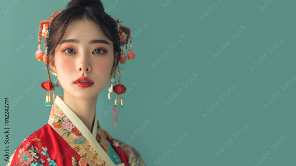 Portrait of a young Asian woman in traditional costume. Copy space for text, advertising, message, logo Portrait of a young Asian woman in traditional costume. Copy space for text, advertising, message, logo