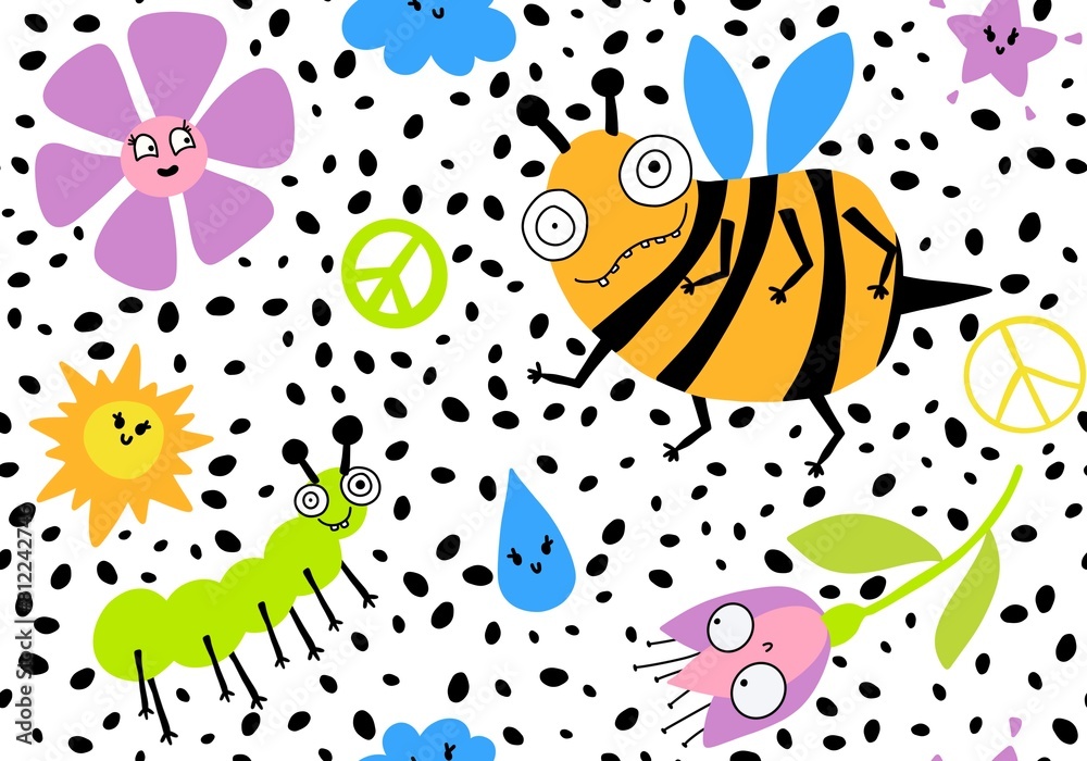 Cartoon summer print seamless bee and flower and sun and clouds and peace sign Cartoon summer print seamless bee and flower and sun and clouds and peace sign