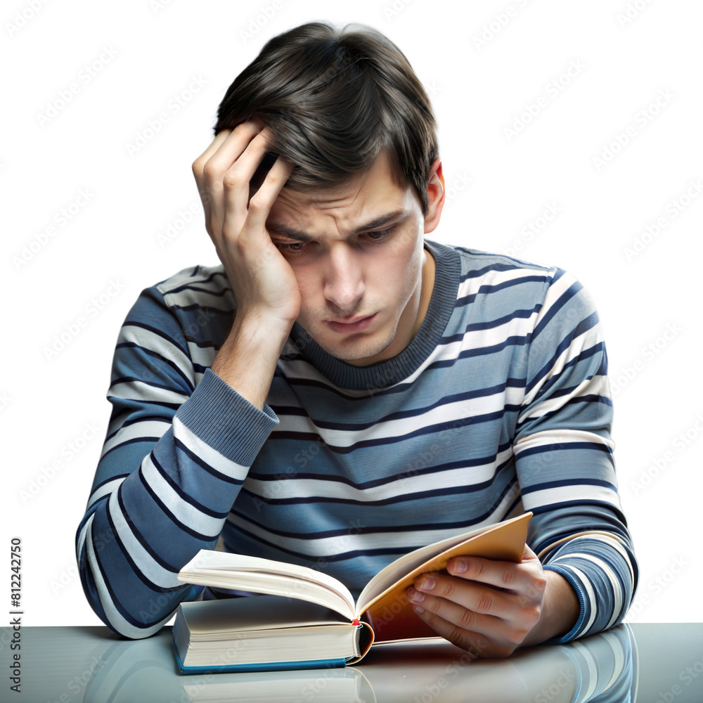 Young Man Concentrating Intently on Reading a Book at a Desk Young Man Concentrating Intently on Reading a Book at a Desk