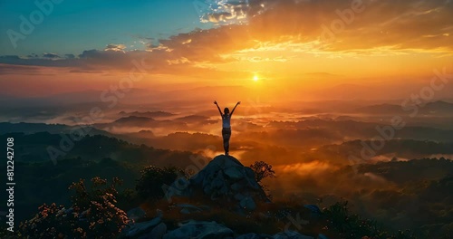 Practicing yoga at sunrise on a mountain, showing the harmony of nature and self on World Yoga Day. International Yoga Day photo