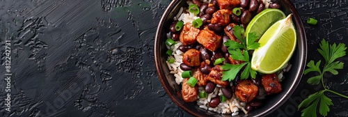 Cuban mojo pork with black beans and rice, fresh food banner, top view with copy space