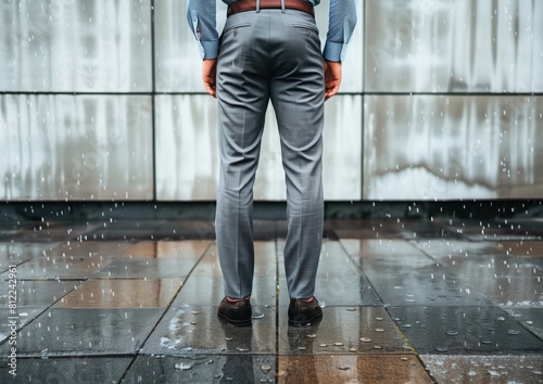 Professional Businessman in Suit Standing Confidently Outdoors on Rainy Day
