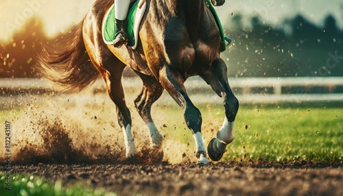 close up of a racing horses hooves kicking up dirt on the track photo