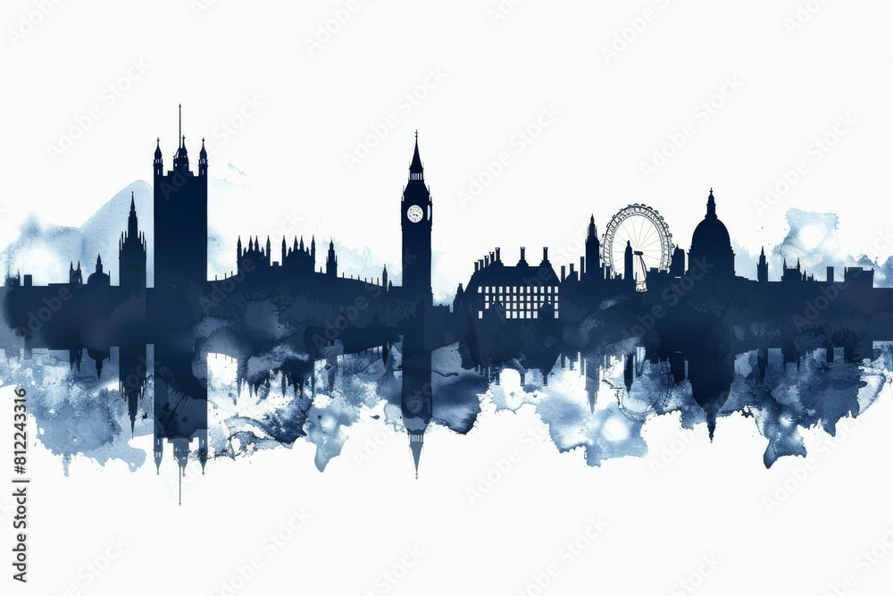  Stylized blue watercolor skyline of London with iconic landmarks and artistic splashes.