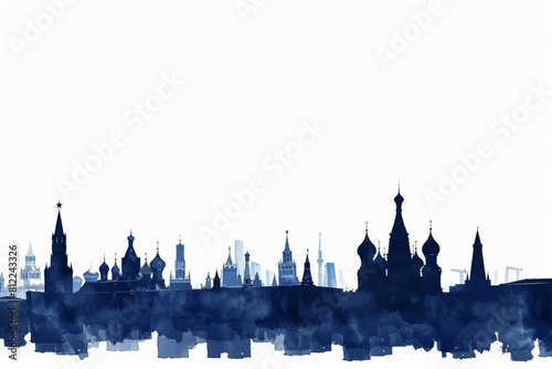  Blue watercolor skyline of Moscow with iconic architecture silhouettes, travel and cultural themes.