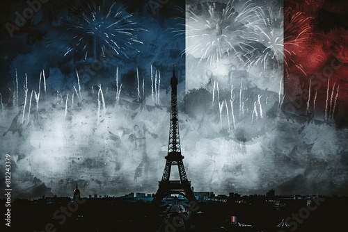  Stylized Eiffel Tower with vibrant fireworks in tricolor backdrop, French events or holidays. photo