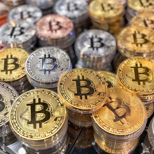 Piles of Bitcoin replica tokens symbolizing cryptocurrency investments.