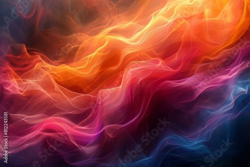 This image is a digital artwork with a fluid abstract design, featuring waves in fiery red, orange, and purple hues that suggest warmth and passion