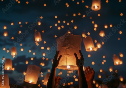 Families release paper lanterns at night during Loy Krathong and Yi Peng Festival photo