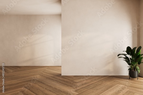 Modern interior design of apartment, empty living room with beige wall, panorama.